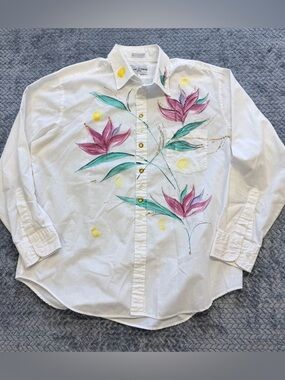 Vintage 1990s Creative Artwear Hand Painted Floral Shirt Size Large